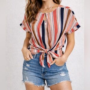 Monteau Striped Tie Front Blouse Womens Large Keyhole Back Short Sleeve Top